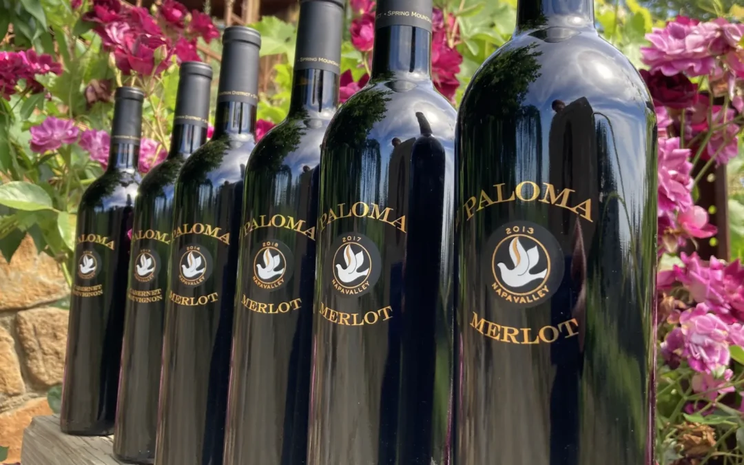 Paloma wines lined up on shelf in vineyard