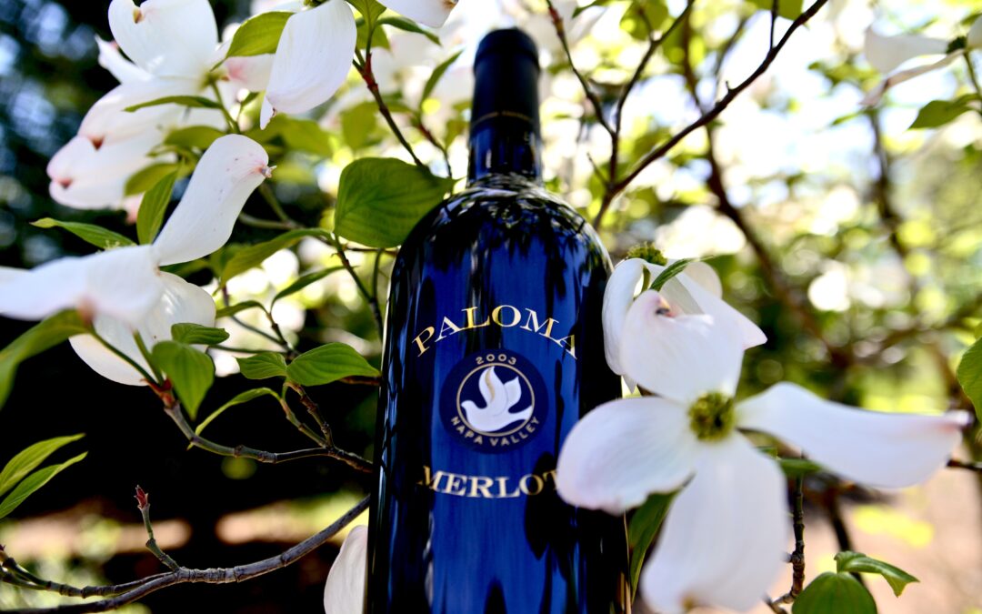 A bottle of 2003 Paloma Merlot sits nestled in some spring blossoms.