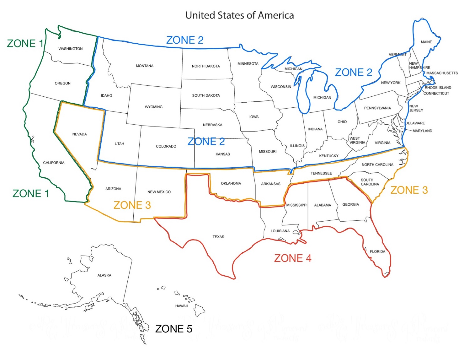 Map of the US divided into shipping zones. 